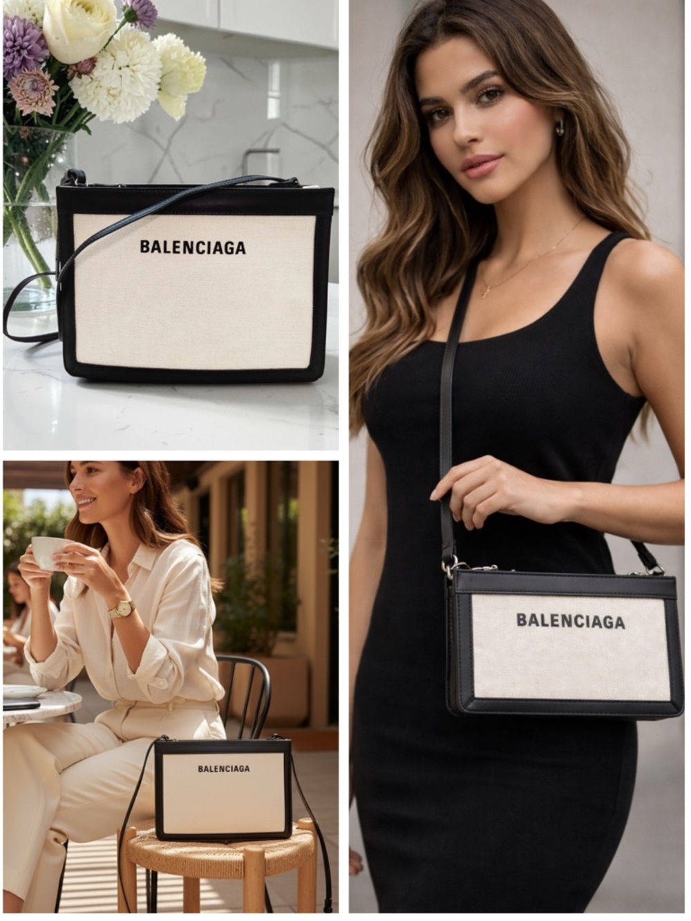 Balenciaga Navy Cabas Canvas Leather Crossbody Bag Clutch White Black